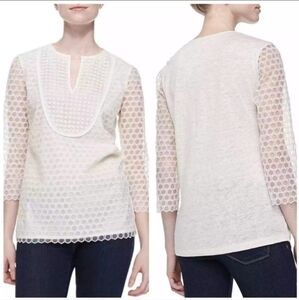 Tory Burch Tali Top Honeycomb Lace Ivory | Size XS | 3/4 Sleeve Tunic Blouse